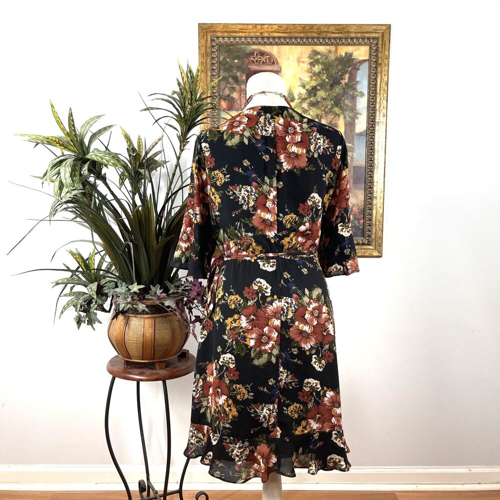 June & Hudson Floral Wrap Dress Women's Size L Black Ruffle Midi Boho V-Neck - Picture 7 of 13